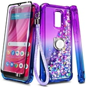 Compatible with BLU View 4 Case (B135DL) / View 2 (2023, 6.09 inch) Case with Tempered Glass Screen Protector, Ring Holder/Wrist Strap, Nagebee Glitter Liquid Floating Cute Phone Cover (Purple/Blue)